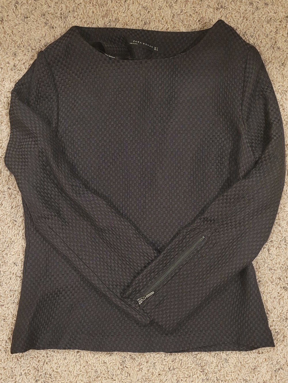 Zara Black Textured Long-Sleeve Top with Sleeve Zipper